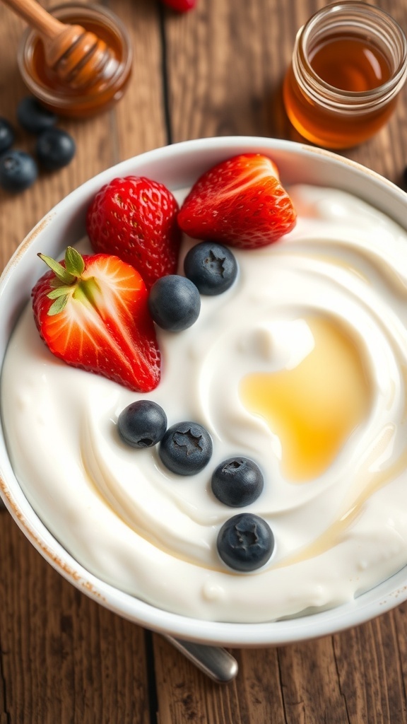A bowl of homemade yogurt topped with berries and honey on a rustic table.